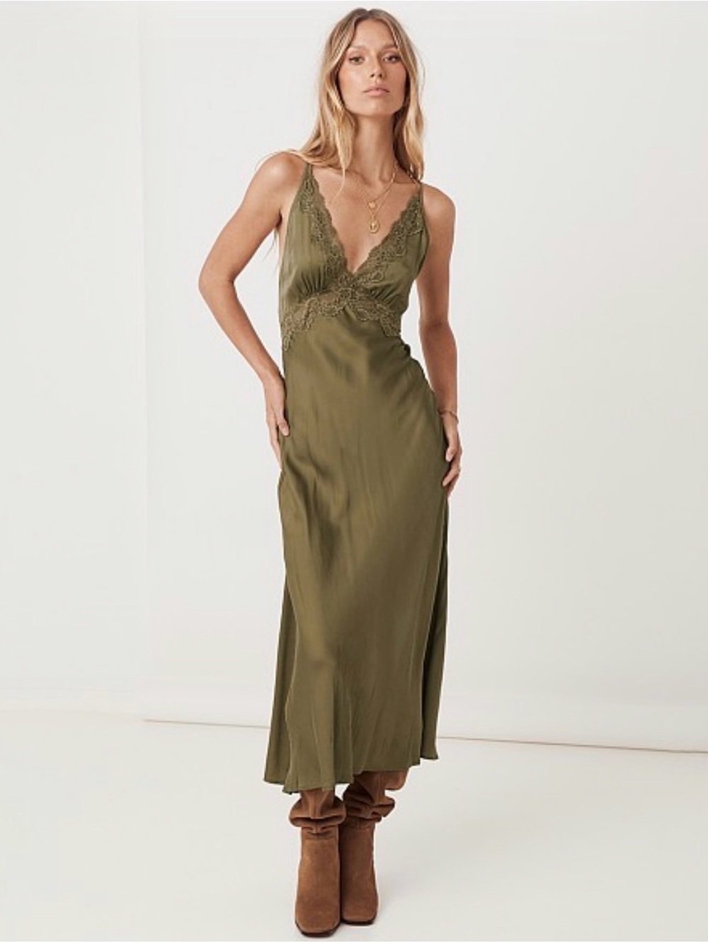 Spell Boudoir Slip Dress Olive Green NWT Size L - Picture 3 of 16